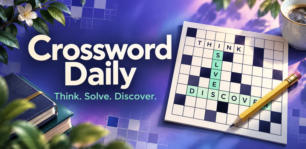 Crossword Daily artwork with an illustrated crossword, pencil, and the words Think. Solve. Discover.